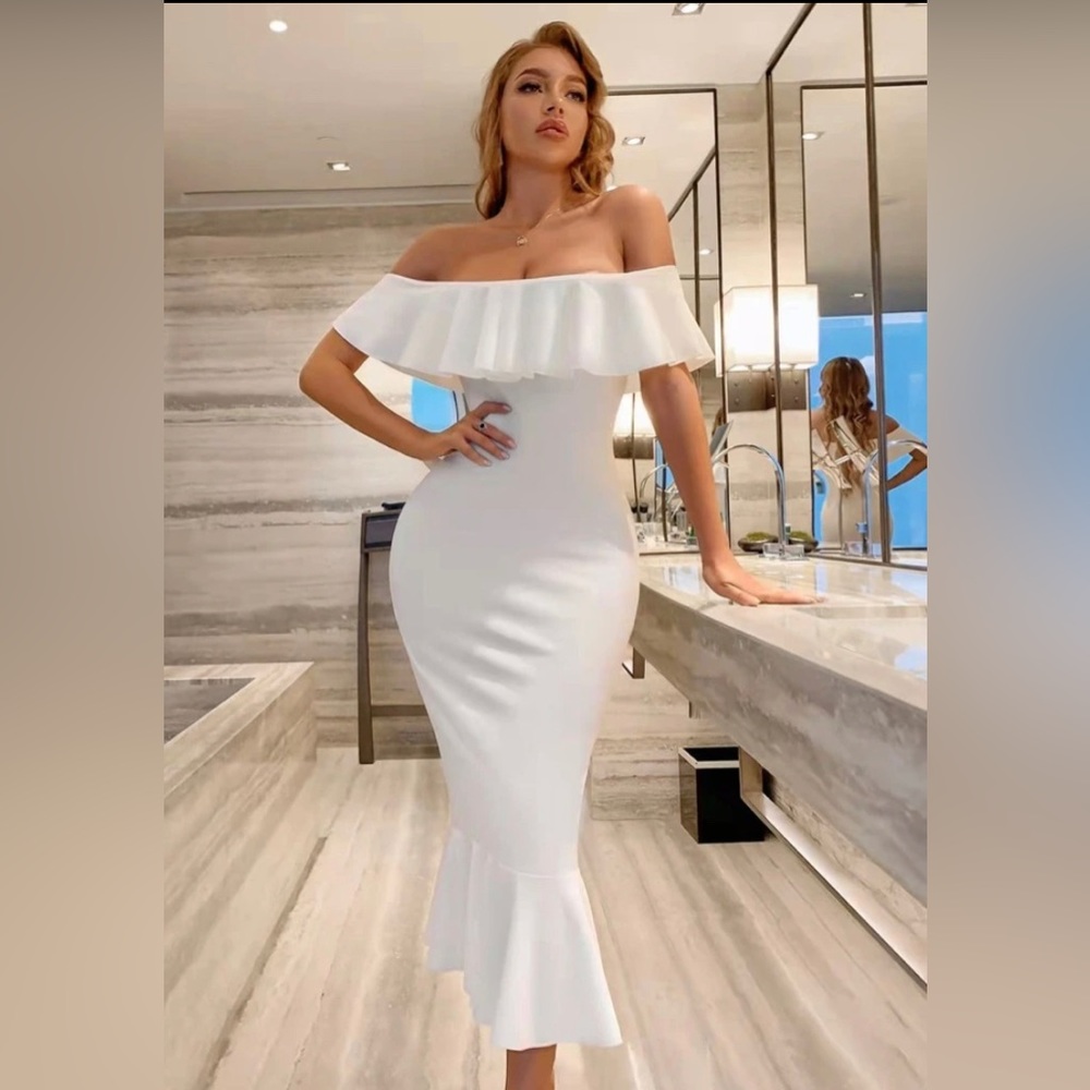 New - Vici Collection - Havana Ruffle Off shoulder Midi Dress - Ivory - Small